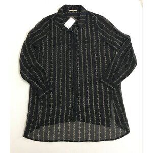 PLEIONE Tunic NWT Womens M Black Sheer Button Up Slit Side Hi-Low Hem Collared
